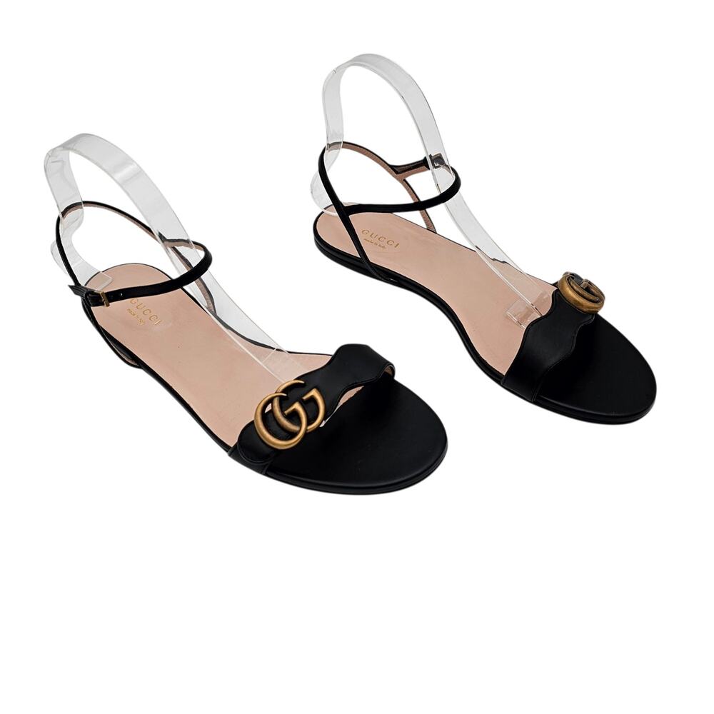 Gucci GG Marmont Flat Sandal Black Leather Ankle Strap Size 40.5 US 10.5 - Picture 4 of 13